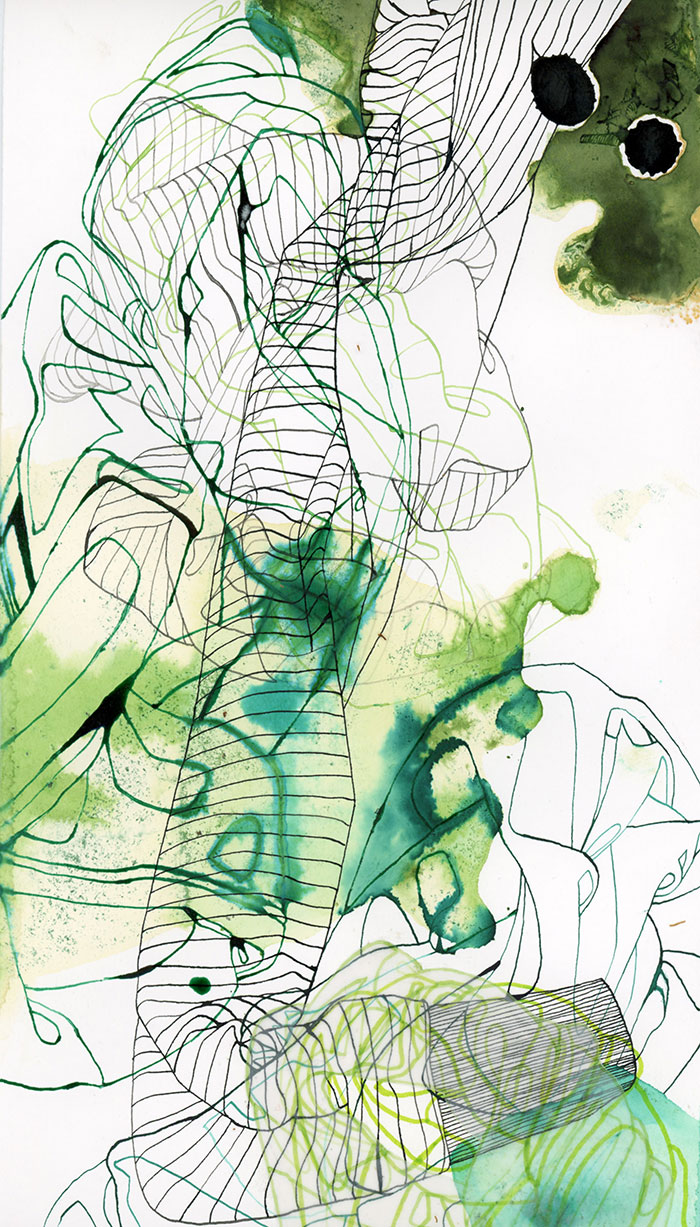 Barbara Lerch, Sans Titre. 32 x 16,5 cm (44 x 29 x 3 cm encadré), encres, crayon et collages sur papier, 2013
