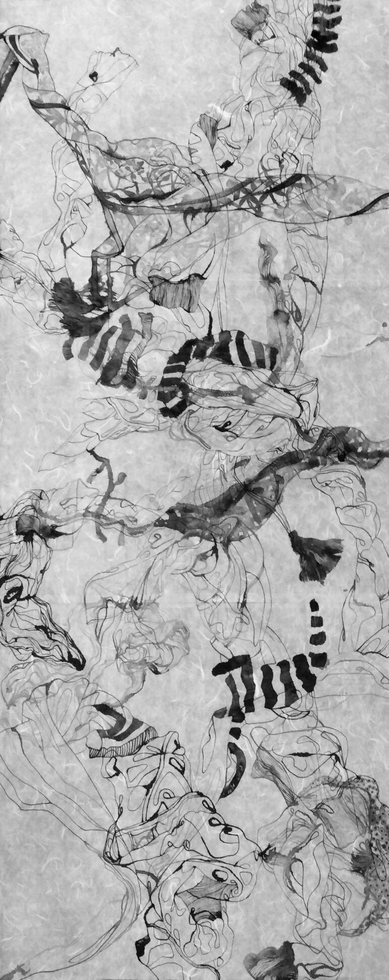 Barbara Lerch, Suspendu Sans Titre. 140 x 61 cm, encre de chine sur papier murier, 2022