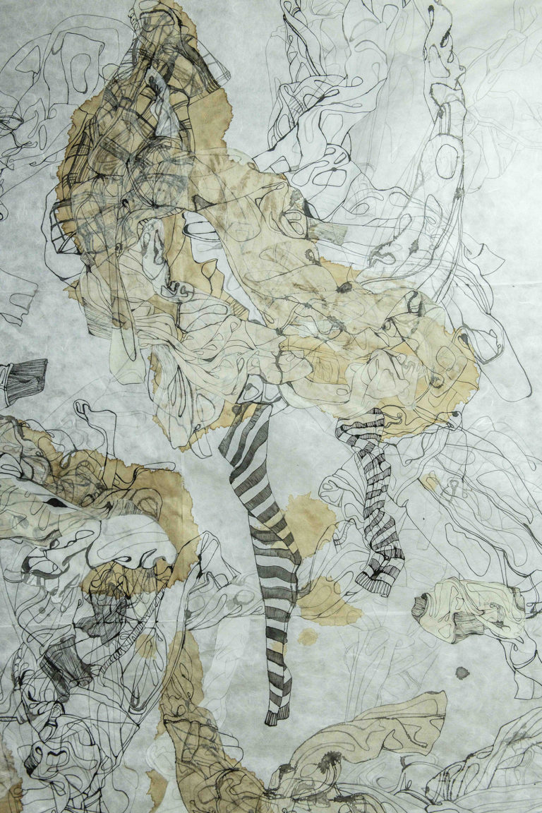 Barbara Lerch, Suspendu au café - détail. 140 x 123 cm, encre de chine sur papier murier, 2022 Crédit photo : Sébastien Ferraro