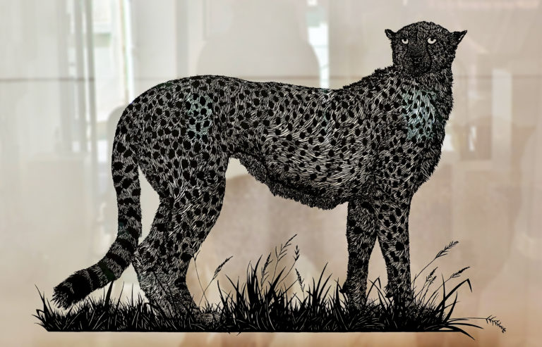 « cheetah » de Maie Alexandre ; Oeuvre en papier 80x30 cm Entièrement découpé à la main avec un scalpel, puis peind à l'acrylique